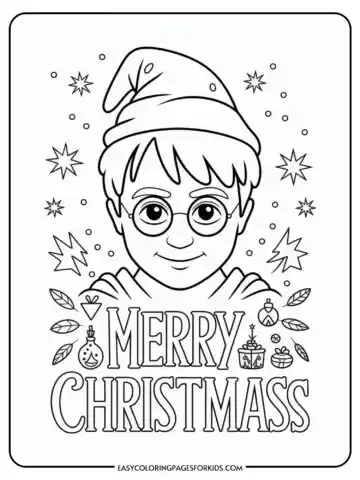 Black and white coloring page featuring a cartoon character wearing glasses and a Santa hat, surrounded by stars and small Christmas decorations, with the words 'Merry Christmas' below.