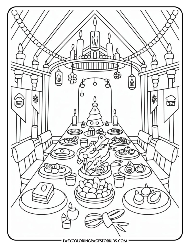 Black and white coloring page of a festive dining table set with various dishes and desserts, surrounded by chairs in a decorated hall with candles, banners, and hanging ornaments.