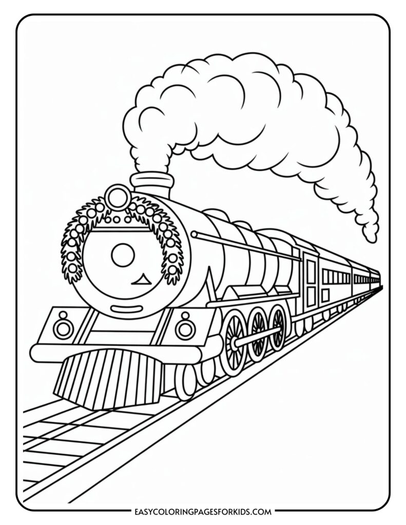 A coloring page featuring a steam locomotive with a wreath on its front, emitting smoke as it travels on railway tracks.