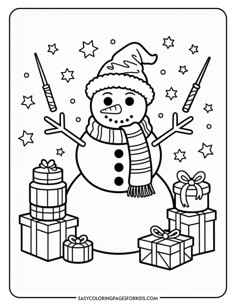 A cheerful snowman wearing a scarf and a hat, surrounded by stars and magic wands, with several wrapped gifts stacked around it.