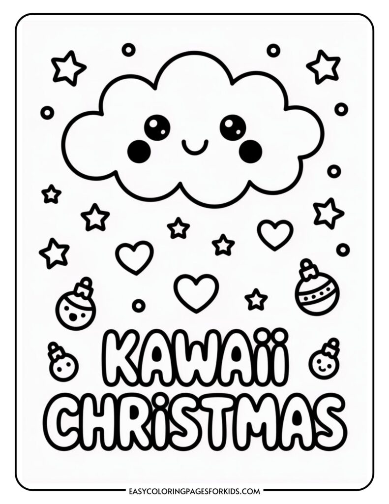 A coloring page featuring a cute, smiling cloud with large eyes, surrounded by stars, hearts, and small Christmas ornaments, with the text 'Kawaii Christmas' below.