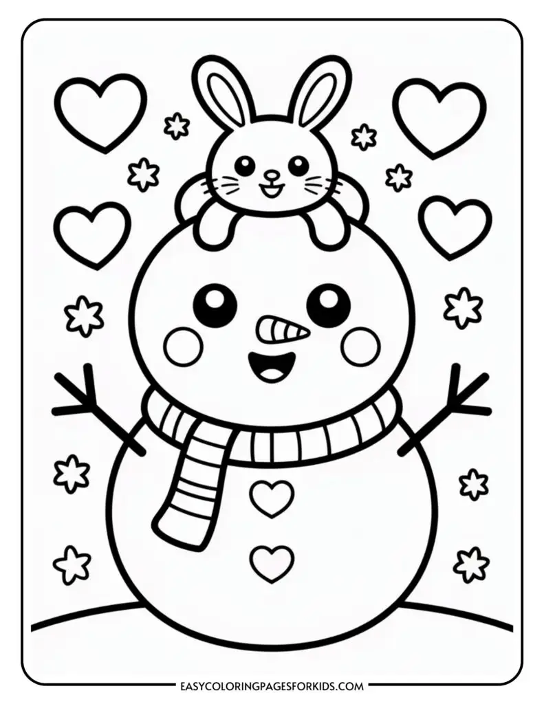 A cute coloring page featuring a snowman wearing a scarf with a rabbit sitting on its head, surrounded by heart shapes and snowflakes.