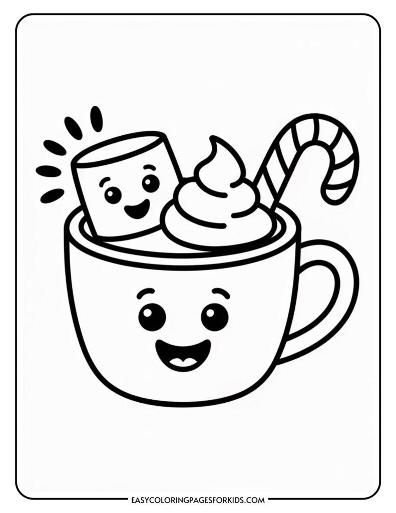 A cartoon-style illustration of a smiling cup with eyes and a mouth, filled with whipped cream, a happy marshmallow, and a striped candy cane.