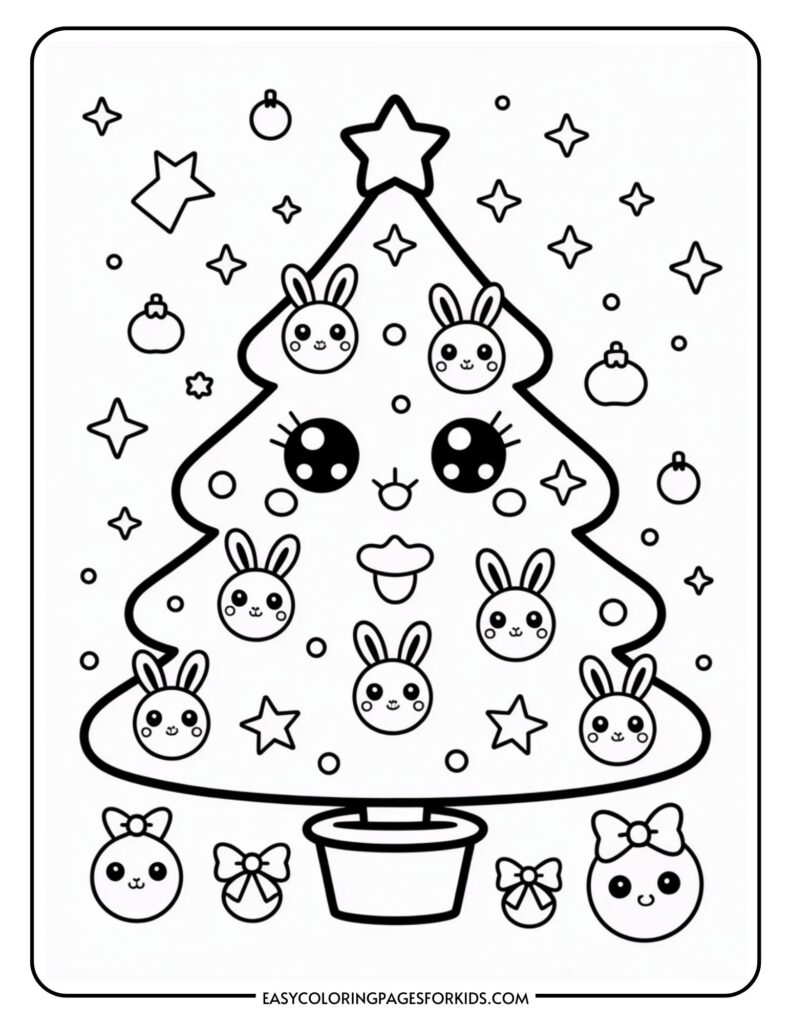 Coloring page featuring a kawaii-style Christmas tree adorned with bunny faces as ornaments, stars, and baubles, with a large star on top and various festive elements surrounding it.