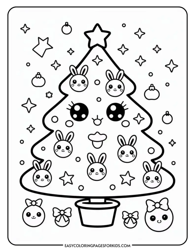 Coloring page featuring a kawaii-style Christmas tree adorned with bunny faces as ornaments, stars, and baubles, with a large star on top and various festive elements surrounding it.