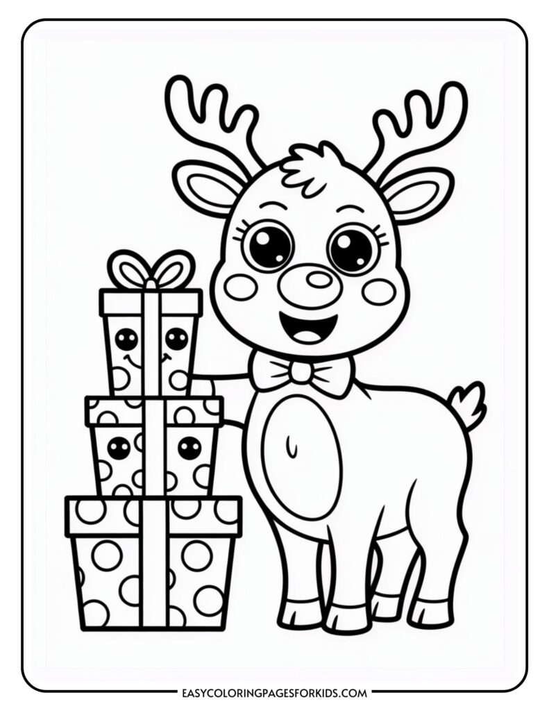 A cute cartoon reindeer wearing a bow tie stands next to three stacked presents with smiling faces and polka dot patterns.