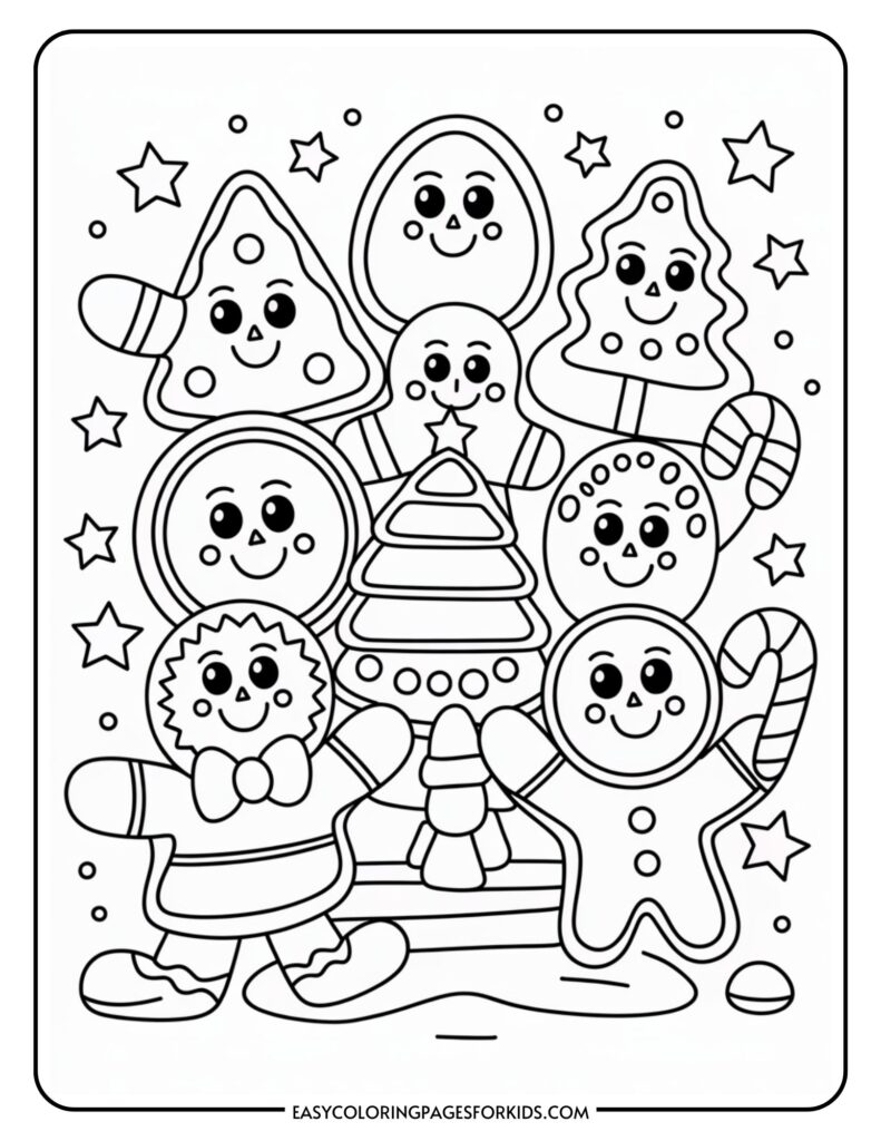 Coloring page featuring a group of smiling gingerbread cookies in various shapes, including traditional figures and Christmas trees, surrounded by stars and dots.