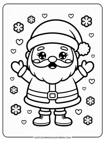 A coloring page featuring a cute cartoon Santa Claus with a big belly and an excited expression. He is surrounded by snowflakes and small hearts, and is wearing a traditional Santa hat, coat, gloves, and boots.
