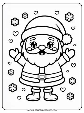 A coloring page featuring a cute cartoon Santa Claus with a big belly and an excited expression. He is surrounded by snowflakes and small hearts, and is wearing a traditional Santa hat, coat, gloves, and boots.