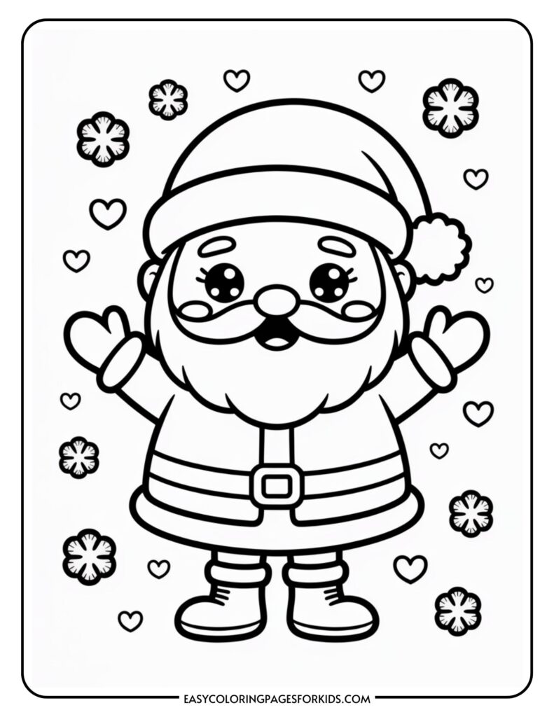 A coloring page featuring a cute cartoon Santa Claus with a big belly and an excited expression. He is surrounded by snowflakes and small hearts, and is wearing a traditional Santa hat, coat, gloves, and boots.