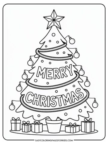 A black and white coloring page featuring a Christmas tree decorated with ornaments and garlands, topped with a star. The tree displays the text 