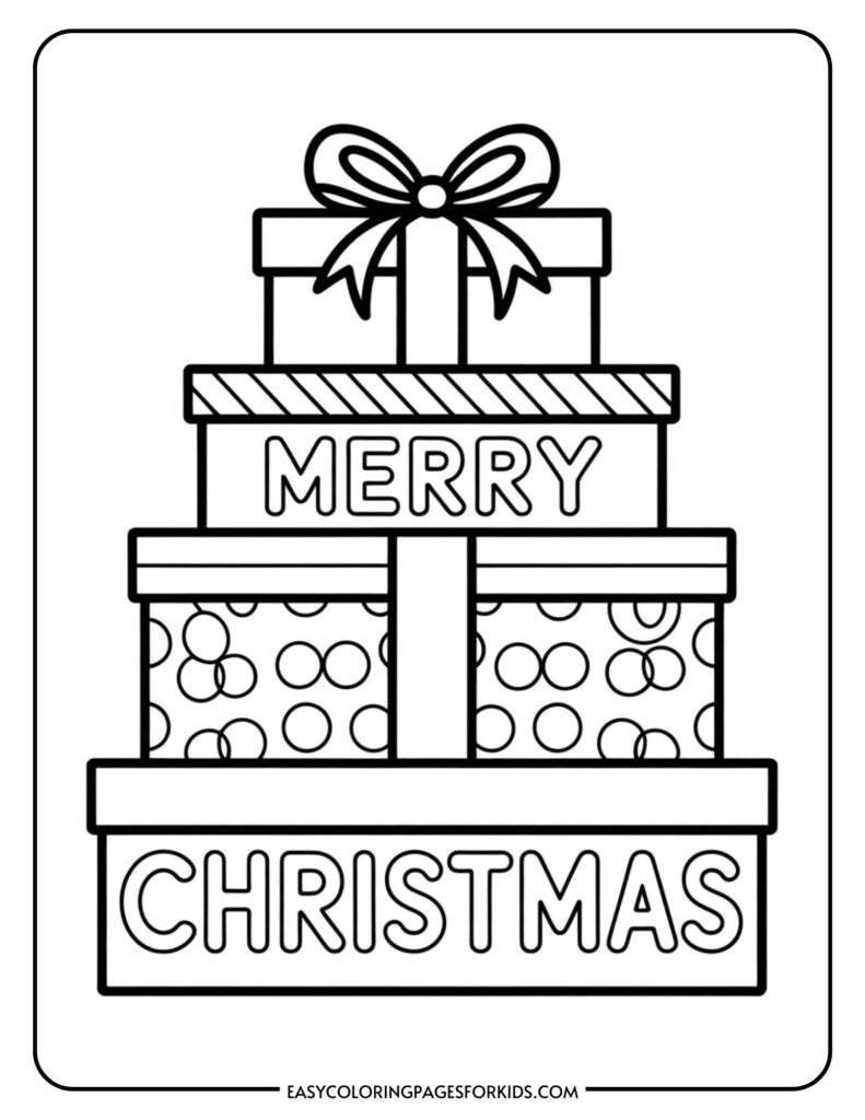 A stack of three gift boxes with bows, decorated with stripes and polka dots, featuring the words "Merry Christmas" on the bottom two boxes.
