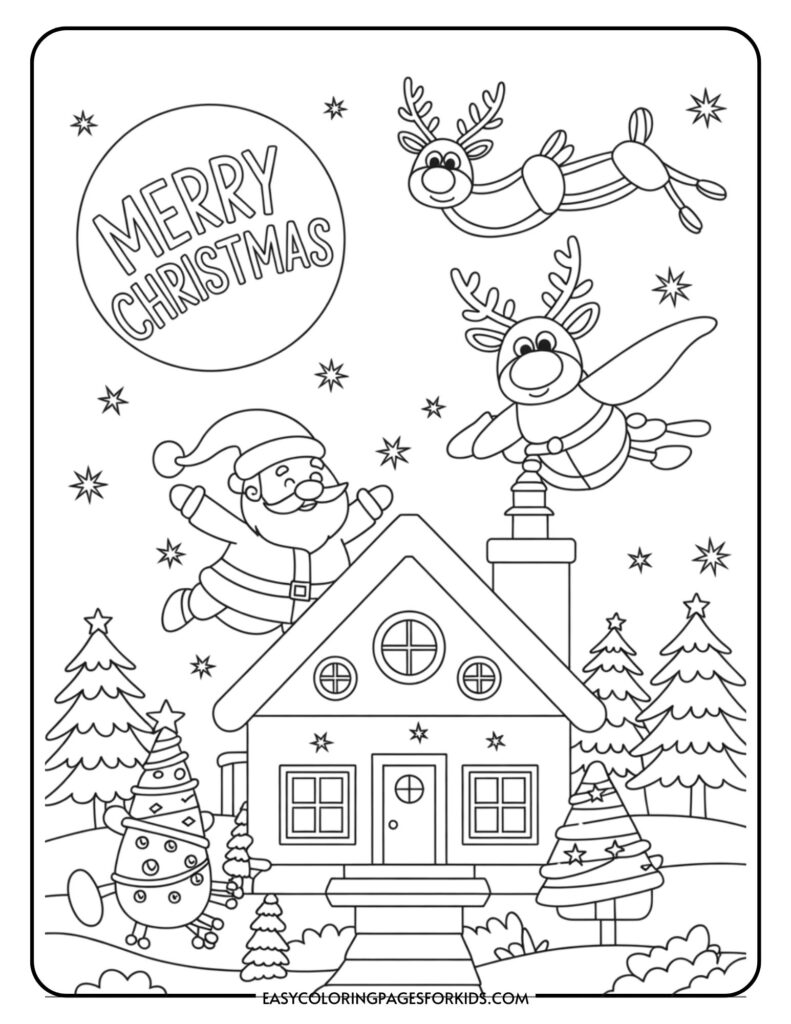 A Christmas-themed coloring page featuring Santa Claus flying above a house with two reindeer. The background includes decorated Christmas trees and stars. The phrase 'Merry Christmas' appears in a circle above the scene.