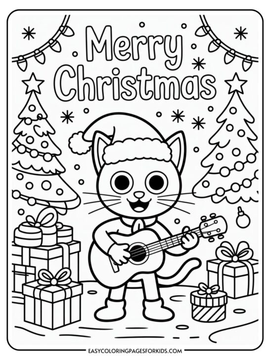 Coloring page featuring a cartoon cat wearing a Santa hat and scarf, playing a guitar amidst Christmas trees, gift boxes, and holiday decorations, with the words 
