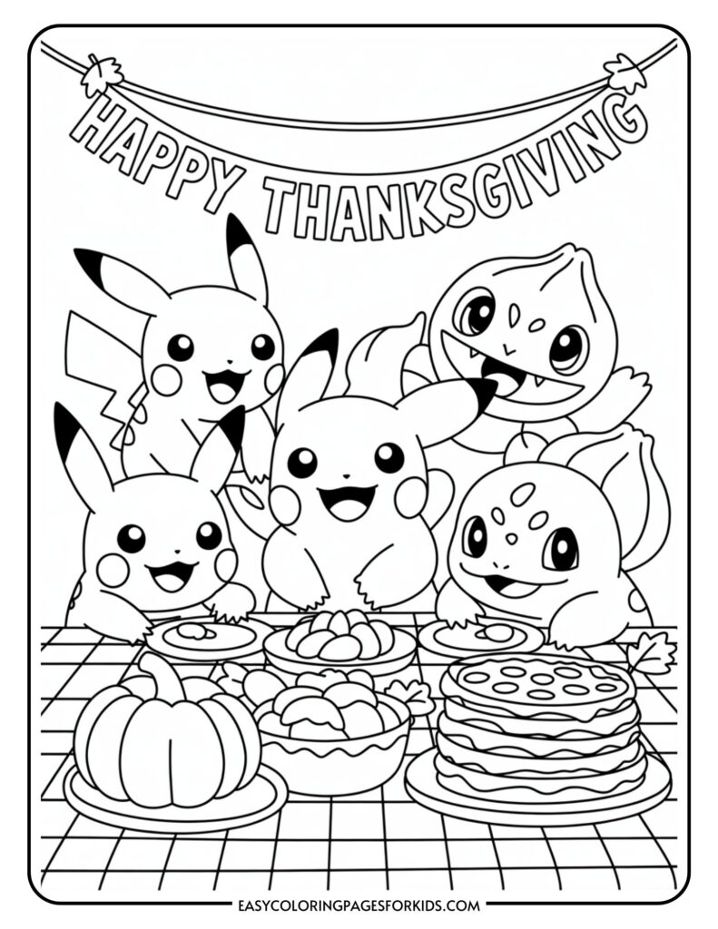 Cartoon-style characters celebrating Thanksgiving with various dishes on a table, including a pumpkin pie and a stack of pancakes, under a banner saying 'Happy Thanksgiving.'