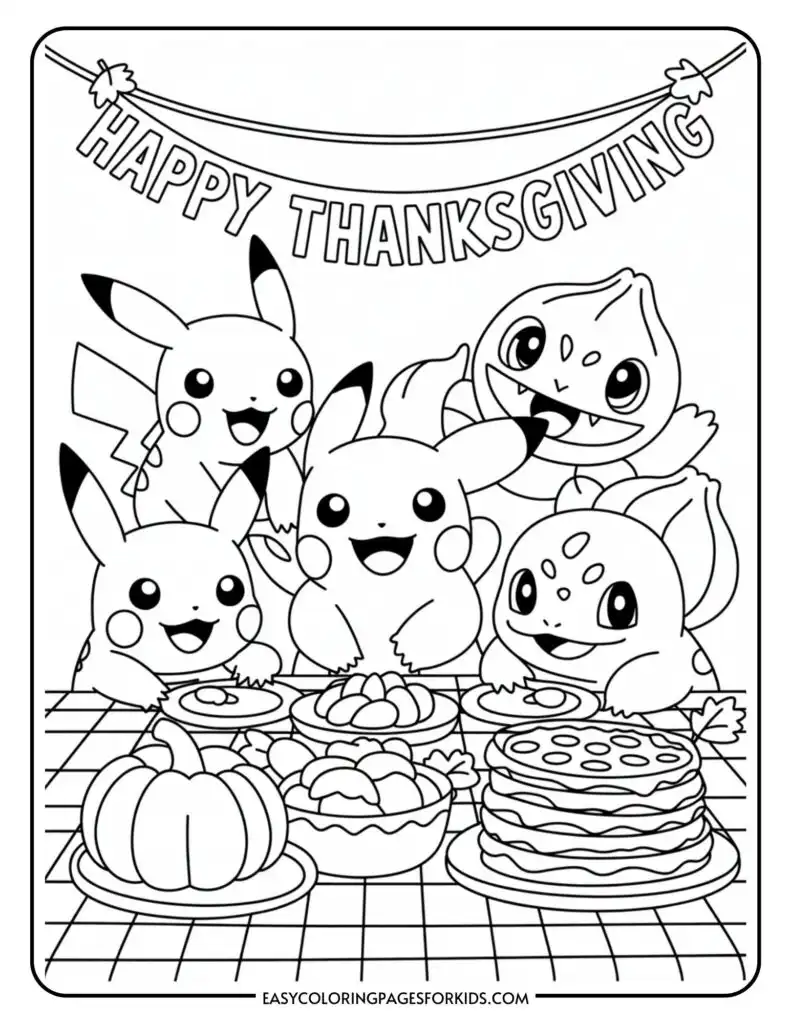 Cartoon-style characters celebrating Thanksgiving with various dishes on a table, including a pumpkin pie and a stack of pancakes, under a banner saying 'Happy Thanksgiving.'