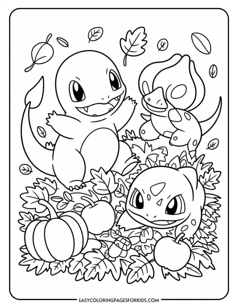 A coloring page featuring three cartoon creatures surrounded by autumn leaves, pumpkins, and acorns. The characters have distinct playful expressions and are in various poses among the foliage.