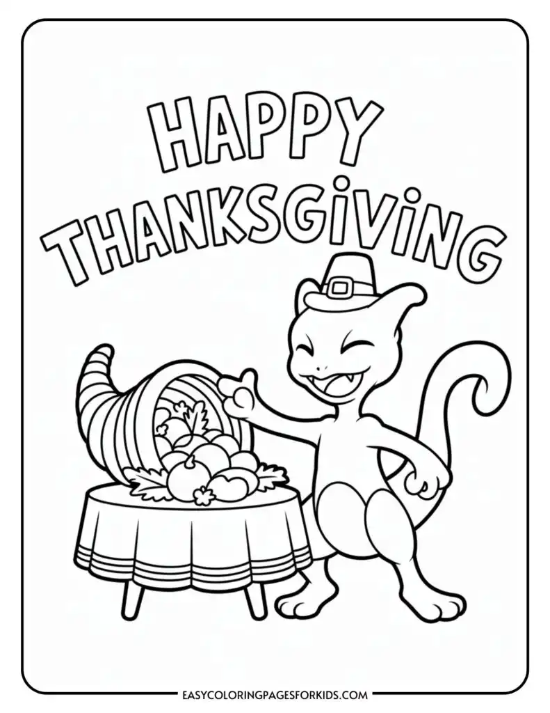 A coloring page with a cartoon cat wearing a pilgrim hat, gesturing happily at a cornucopia filled with fruits and vegetables on a table. Above the scene is the text 'HAPPY THANKSGIVING.'