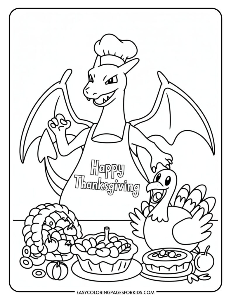 Line drawing of a dragon wearing a chef's hat and apron with the words 'Happy Thanksgiving,' standing behind a table with a turkey, pies, and a cornucopia filled with fruit and vegetables.