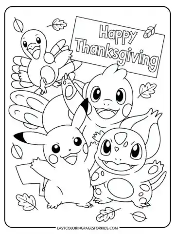 A black and white Thanksgiving coloring page featuring three cartoon characters resembling Pokemon, along with a smiling cartoon turkey. The characters are surrounded by falling autumn leaves, and there's a sign with the text 'Happy Thanksgiving' above them.