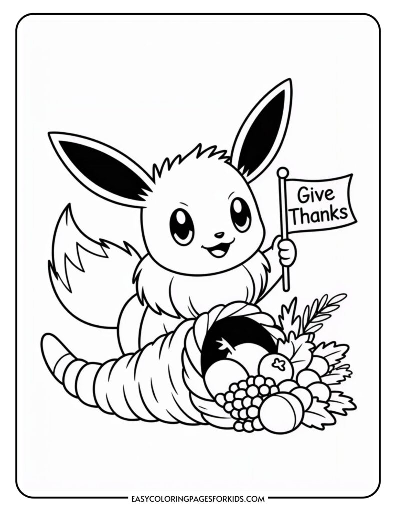 A cartoon creature with large ears holding a flag that reads "Give Thanks" next to a cornucopia filled with fruits and vegetables.