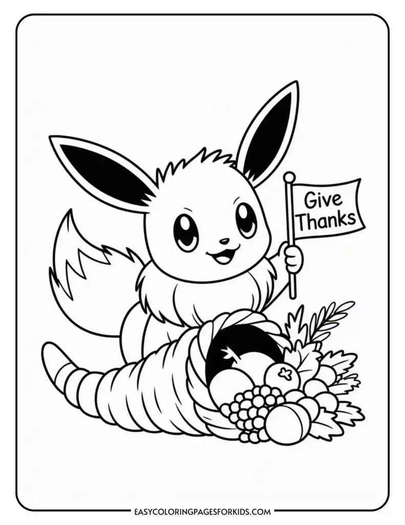 A cartoon creature with large ears holding a flag that reads "Give Thanks" next to a cornucopia filled with fruits and vegetables.