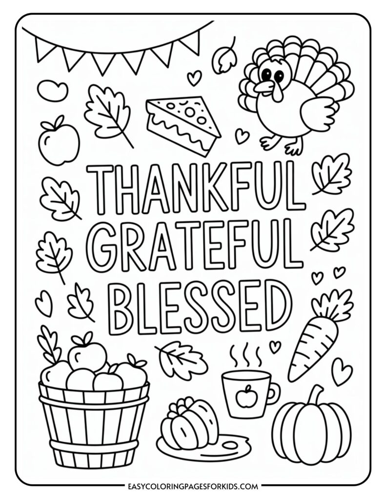 Coloring page with the words 'Thankful Grateful Blessed' surrounded by autumn-themed images like a turkey, pumpkin pie slice, apples in a basket, a pumpkin, a carrot, a steaming mug, and various leaves.