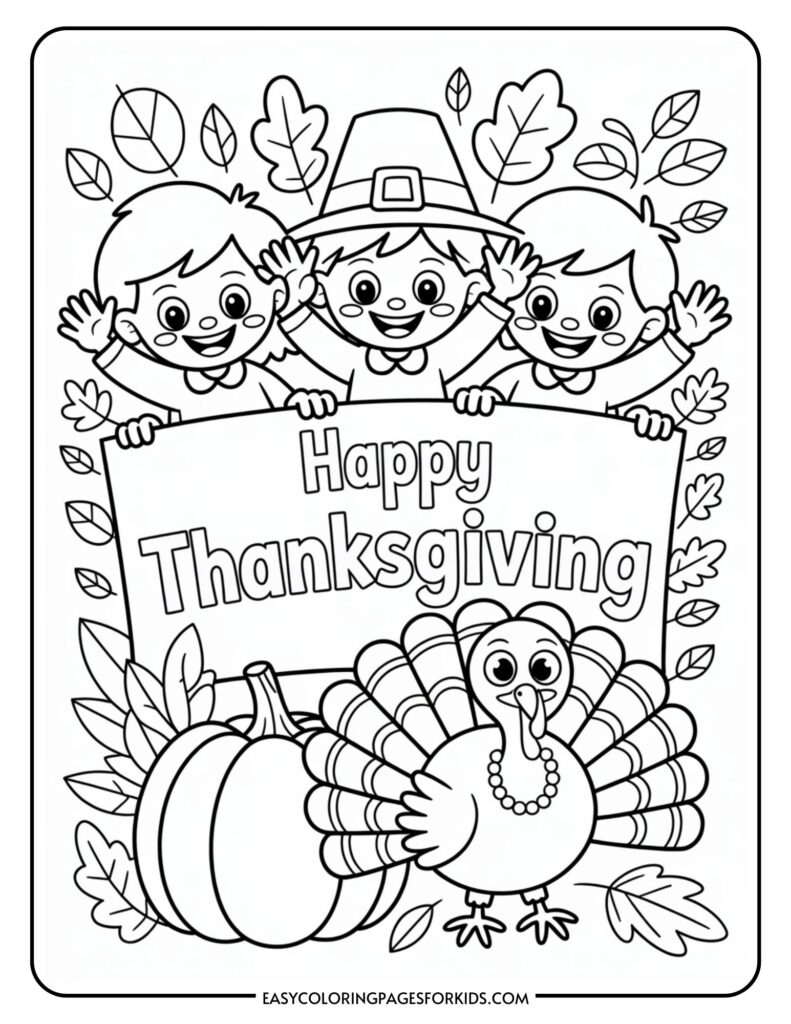 A Thanksgiving coloring page featuring three children waving behind a "Happy Thanksgiving" sign. The middle child wears a pilgrim hat. Below them is a turkey with a necklace and a pumpkin surrounded by autumn leaves.