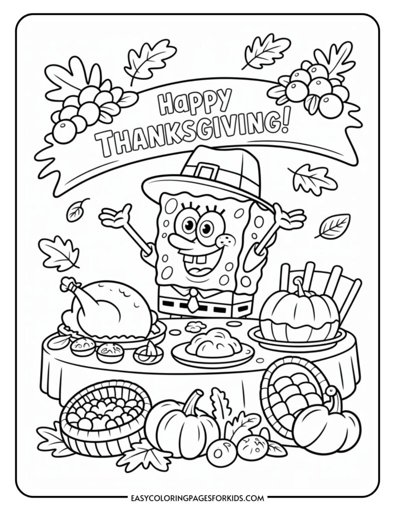 A cartoon sponge character wearing a pilgrim hat stands in front of a Thanksgiving feast with a turkey, pies, a pumpkin, and a cornucopia, surrounded by falling leaves and a banner reading 'Happy Thanksgiving!'