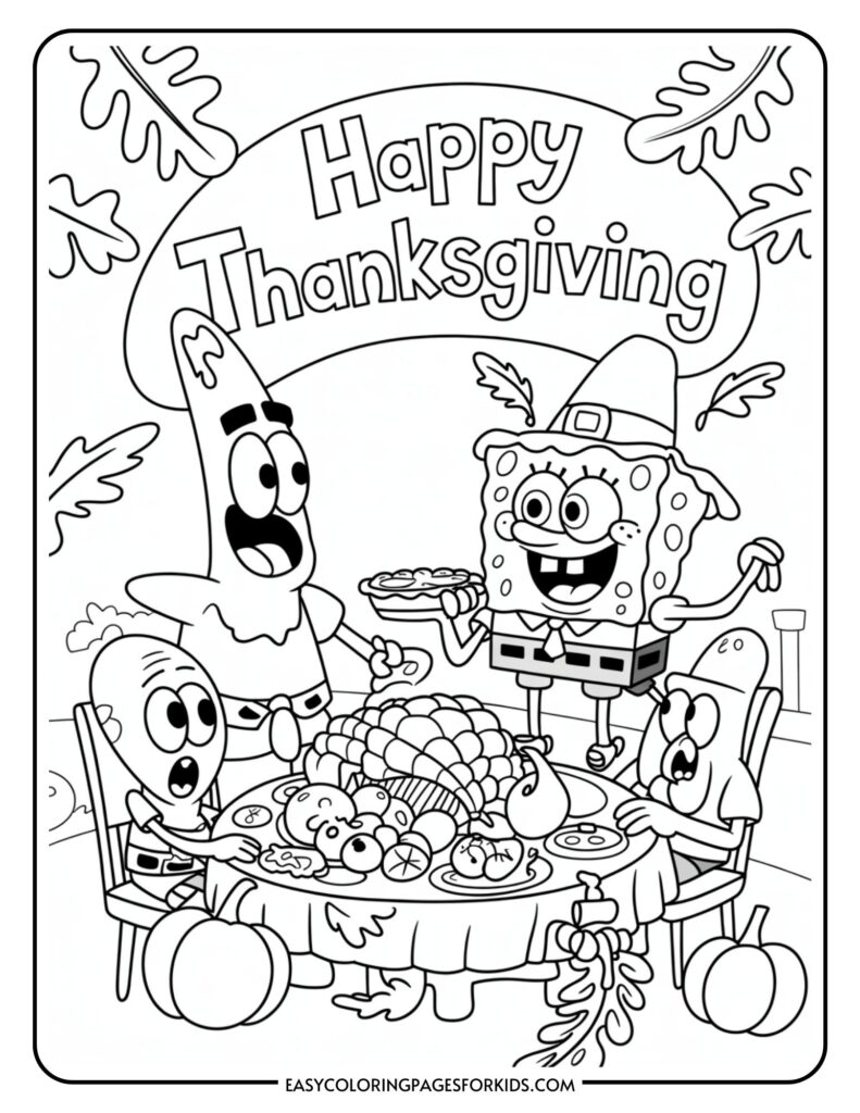 Cartoon characters celebrating Thanksgiving around a table with a large turkey and various foods, decorated with leaves and pumpkins, under a banner saying 'Happy Thanksgiving.'