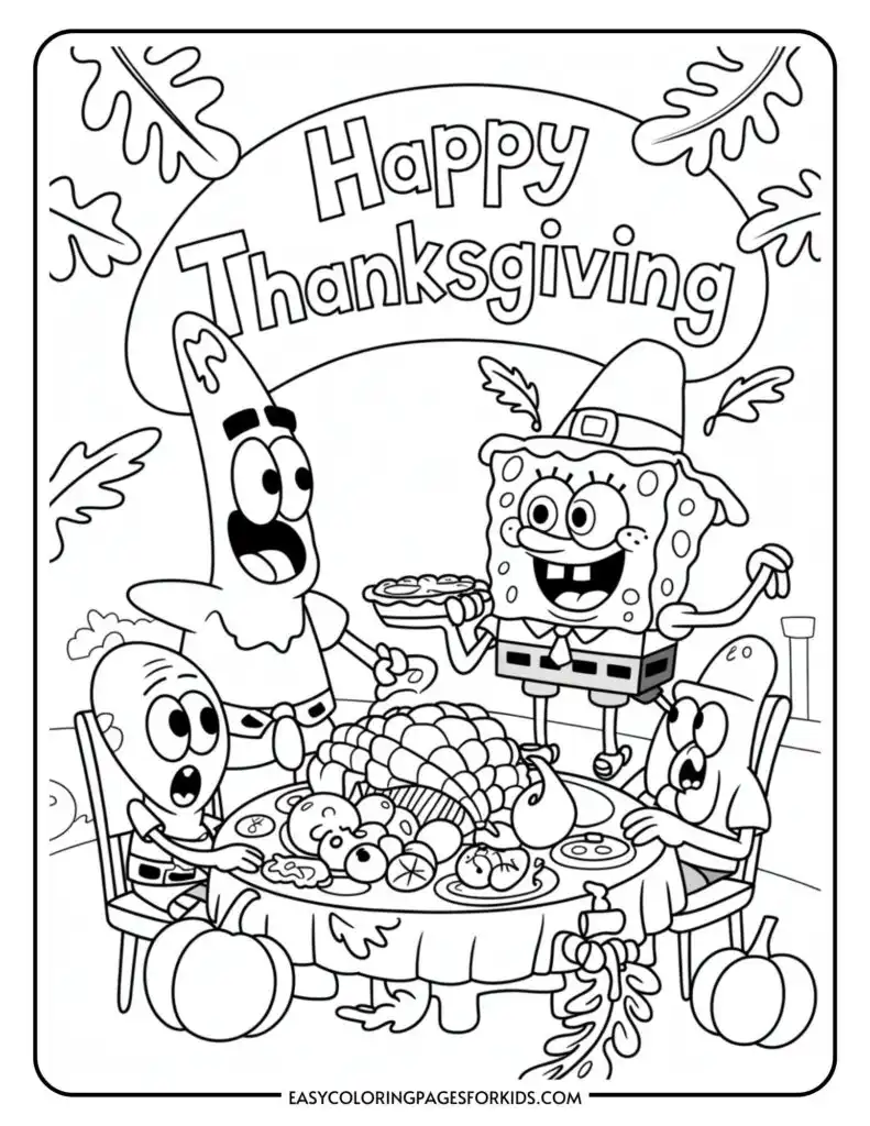 Cartoon characters celebrating Thanksgiving around a table with a large turkey and various foods, decorated with leaves and pumpkins, under a banner saying 'Happy Thanksgiving.'