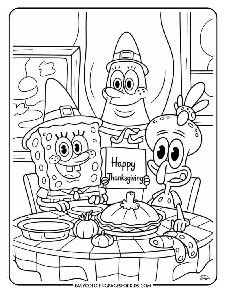 A coloring page featuring animated characters with Pilgrim hats celebrating Thanksgiving at a table with a pie and pumpkins. One character holds a sign that reads 'Happy Thanksgiving.'