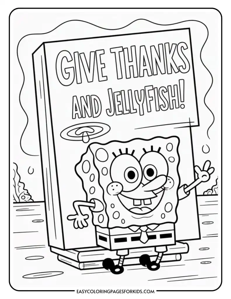 A coloring page featuring a cartoon sponge character cheerfully posing in front of a large book with the title "Give Thanks and Jellyfish!" The sponge is wearing shorts and a tie, with a playful expression. The page is outlined for coloring, showing a simple underwater background with bubbles and plants.