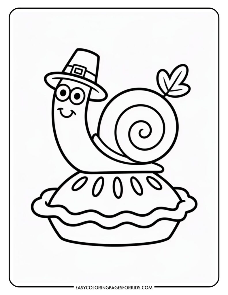 A cartoon snail wearing a pilgrim hat, smiling and sitting on a pie, with a leaf detail on its shell.