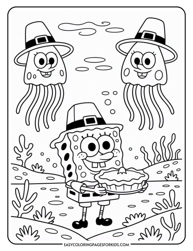 Cartoon character Spongebob dressed as a Pilgrim holds a pie underwater, surrounded by two smiling jellyfish wearing Pilgrim hats, set against a backdrop of underwater plants and bubbles.