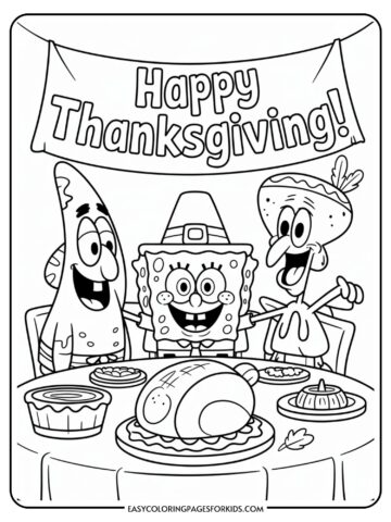 Cartoon characters sitting at a table with a Thanksgiving feast, under a 