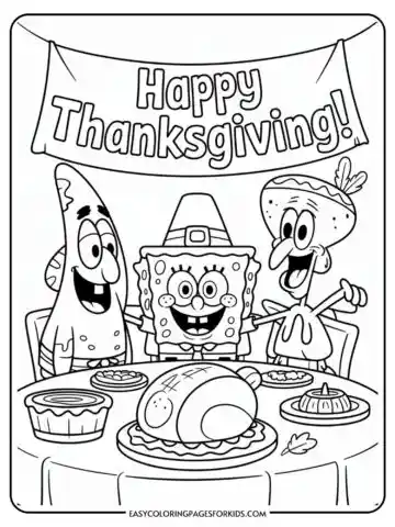Cartoon characters sitting at a table with a Thanksgiving feast, under a 