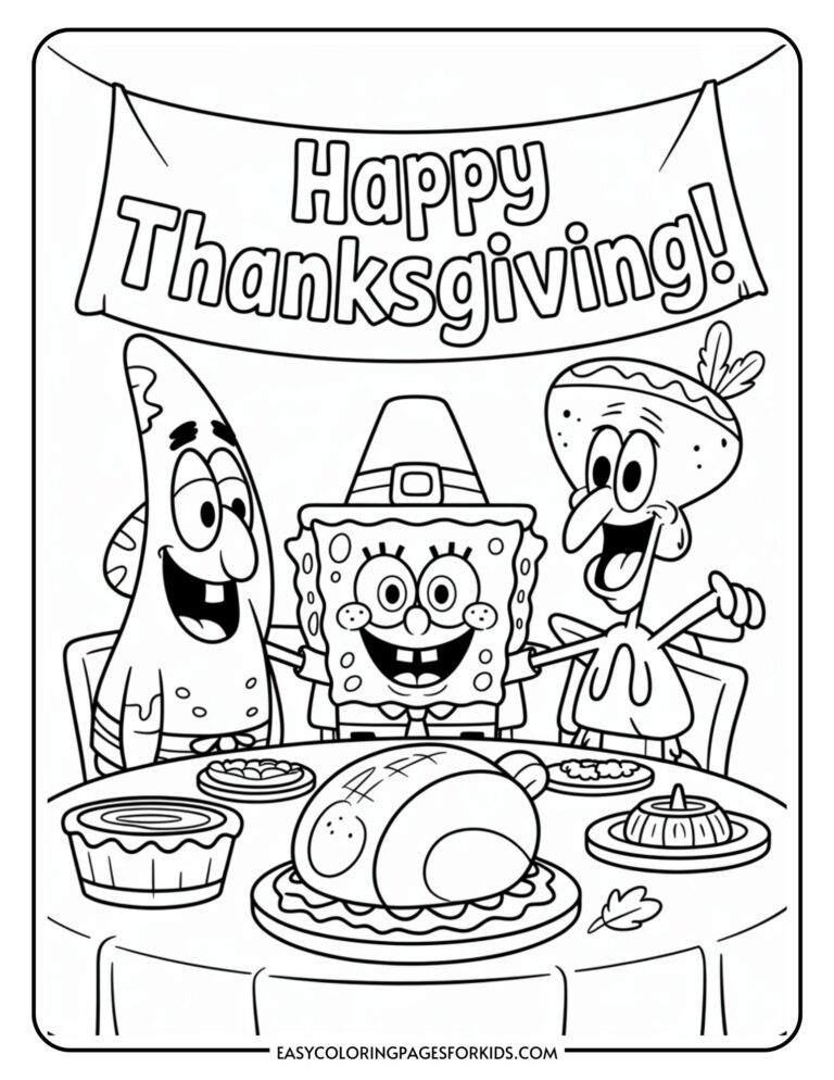 Cartoon characters sitting at a table with a Thanksgiving feast, under a "Happy Thanksgiving" banner.