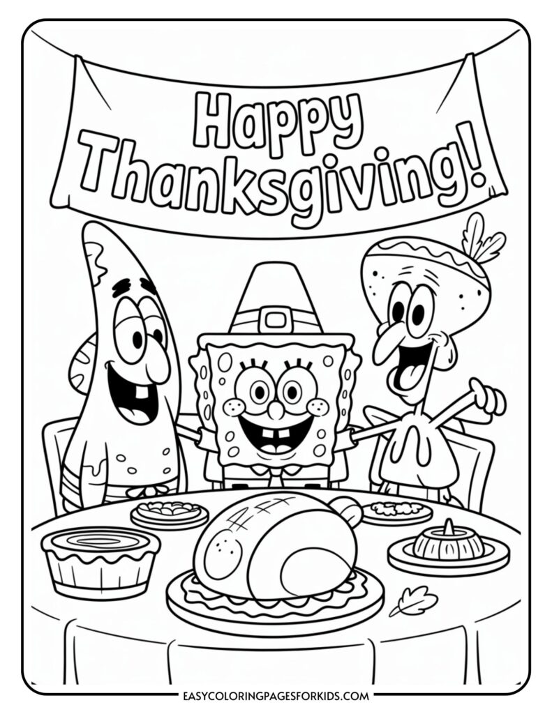 Cartoon characters sitting at a table with a Thanksgiving feast, under a "Happy Thanksgiving" banner.