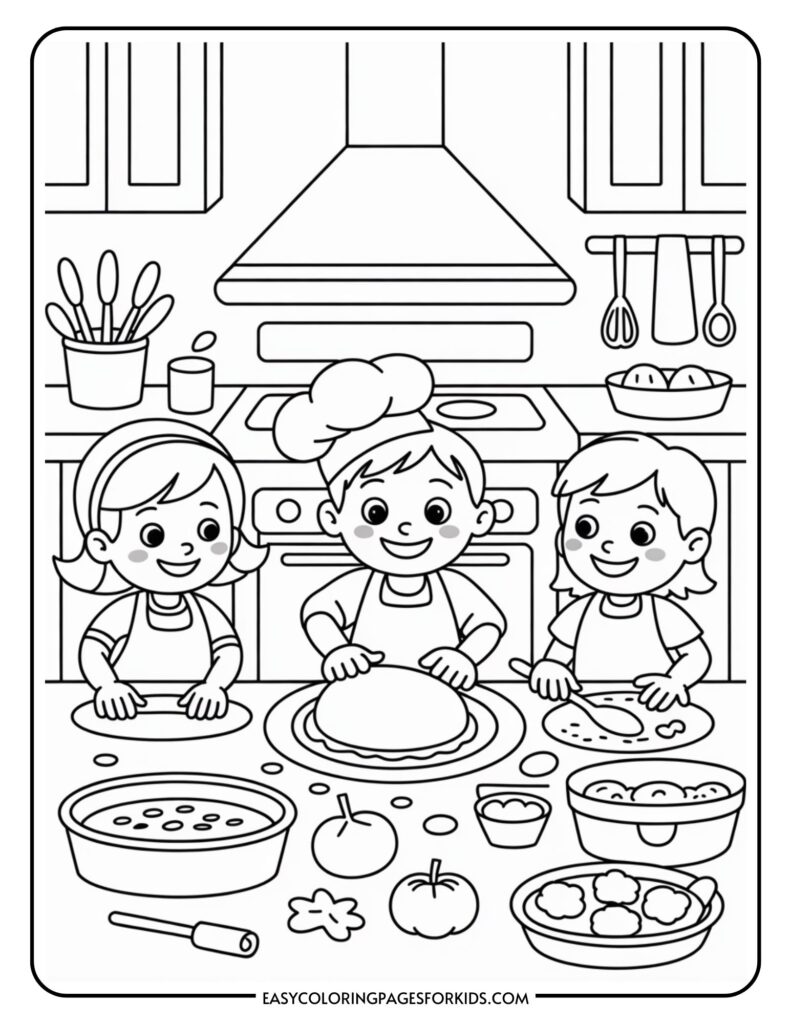 A coloring page showing three children in a kitchen, each wearing aprons and one in a chef hat, preparing food with bowls, utensils, and vegetables on the table.