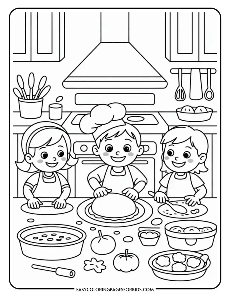 A coloring page showing three children in a kitchen, each wearing aprons and one in a chef hat, preparing food with bowls, utensils, and vegetables on the table.