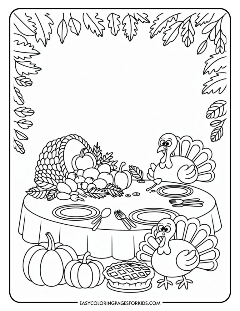 Coloring page featuring a Thanksgiving scene with two cartoon turkeys by a table set with plates and cutlery. A cornucopia filled with fruits and vegetables is on the table, surrounded by pumpkins and a pie. Decorative leaves frame the image.