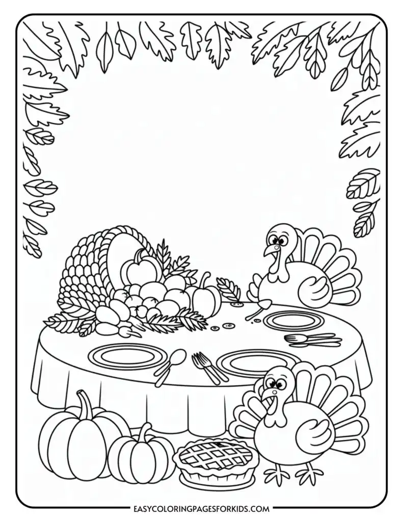 Coloring page featuring a Thanksgiving scene with two cartoon turkeys by a table set with plates and cutlery. A cornucopia filled with fruits and vegetables is on the table, surrounded by pumpkins and a pie. Decorative leaves frame the image.
