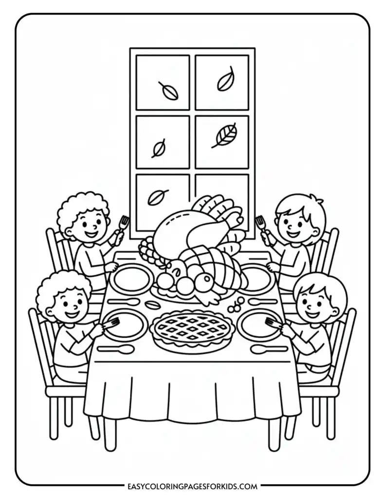 Children sitting at a table set for a festive meal with a large turkey and pie, with a window showing falling leaves in the background.