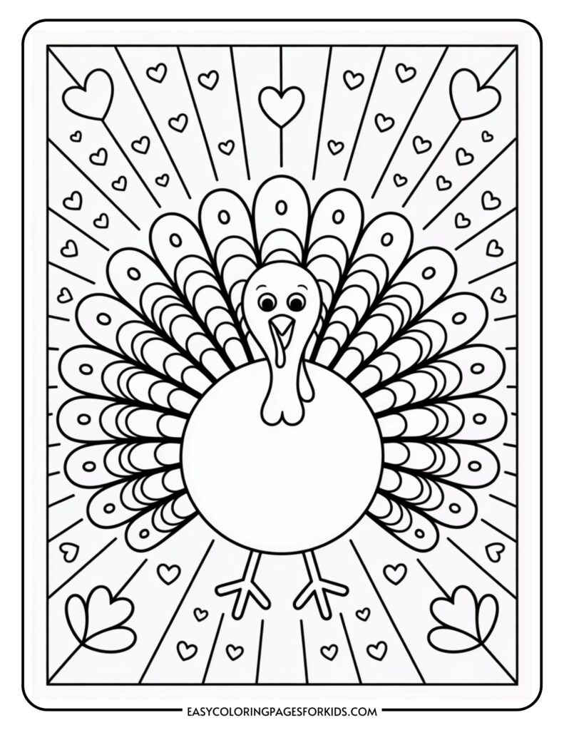 A coloring page featuring a cartoon turkey with its feathers spread out. The background includes hearts and radiating lines, creating a festive and joyful atmosphere. The image is outlined for coloring, designed for children.
