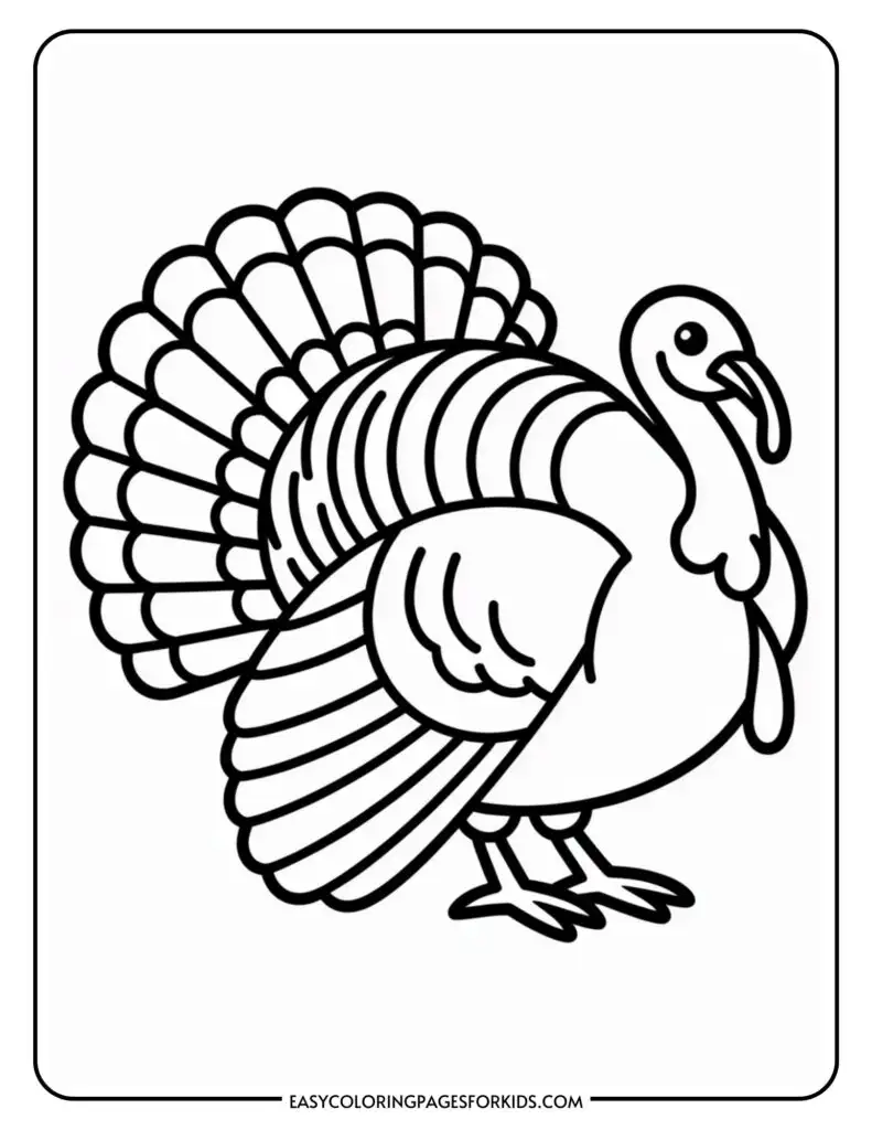Black and white outline of a turkey with a prominent fan-shaped tail, suitable for coloring.