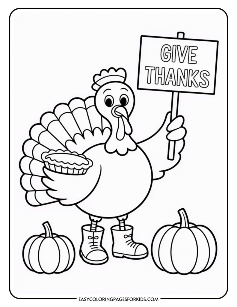 A cartoon turkey wearing boots holds a sign that says "Give Thanks" and a pie in one wing. Two pumpkins are placed on the ground beside the turkey.
