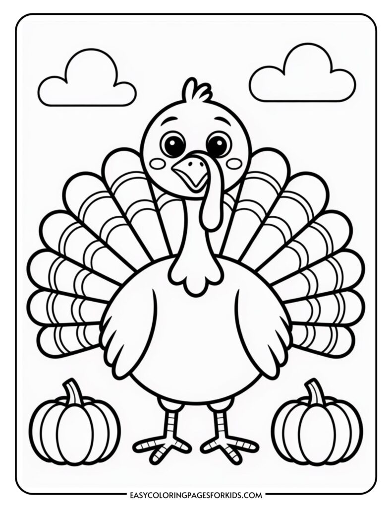 A coloring page featuring a cute cartoon turkey with a large, detailed tail and a wattle, standing between two pumpkins. The background includes two simple cloud shapes, and the style is outlined for coloring.