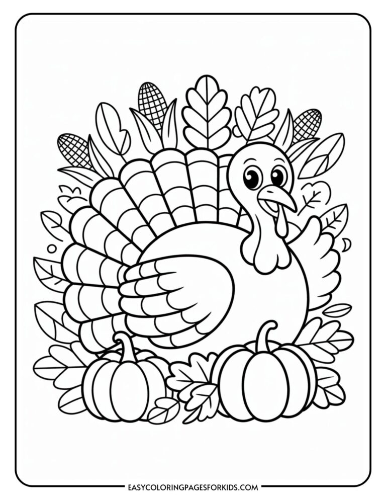 A coloring page featuring a cartoon turkey with a fluffy tail surrounded by autumn leaves, corn cobs, and two pumpkins.
