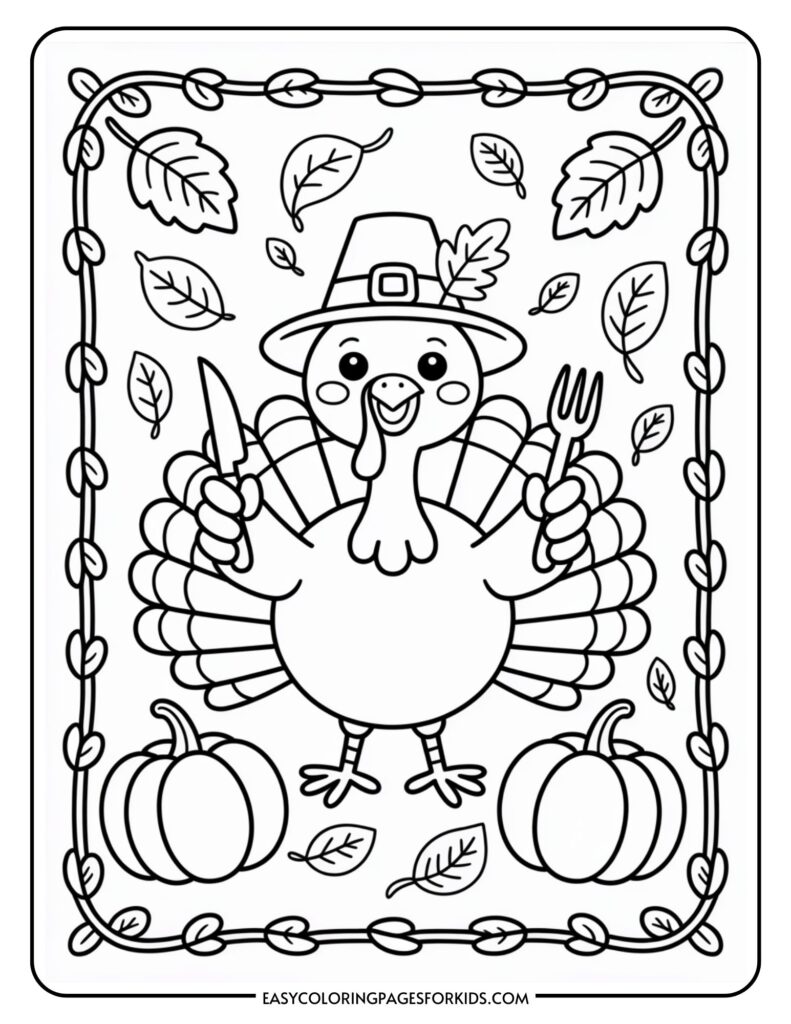 A cartoon turkey wearing a pilgrim hat holds a fork and knife, surrounded by falling leaves and two pumpkins, framed by a leafy border.